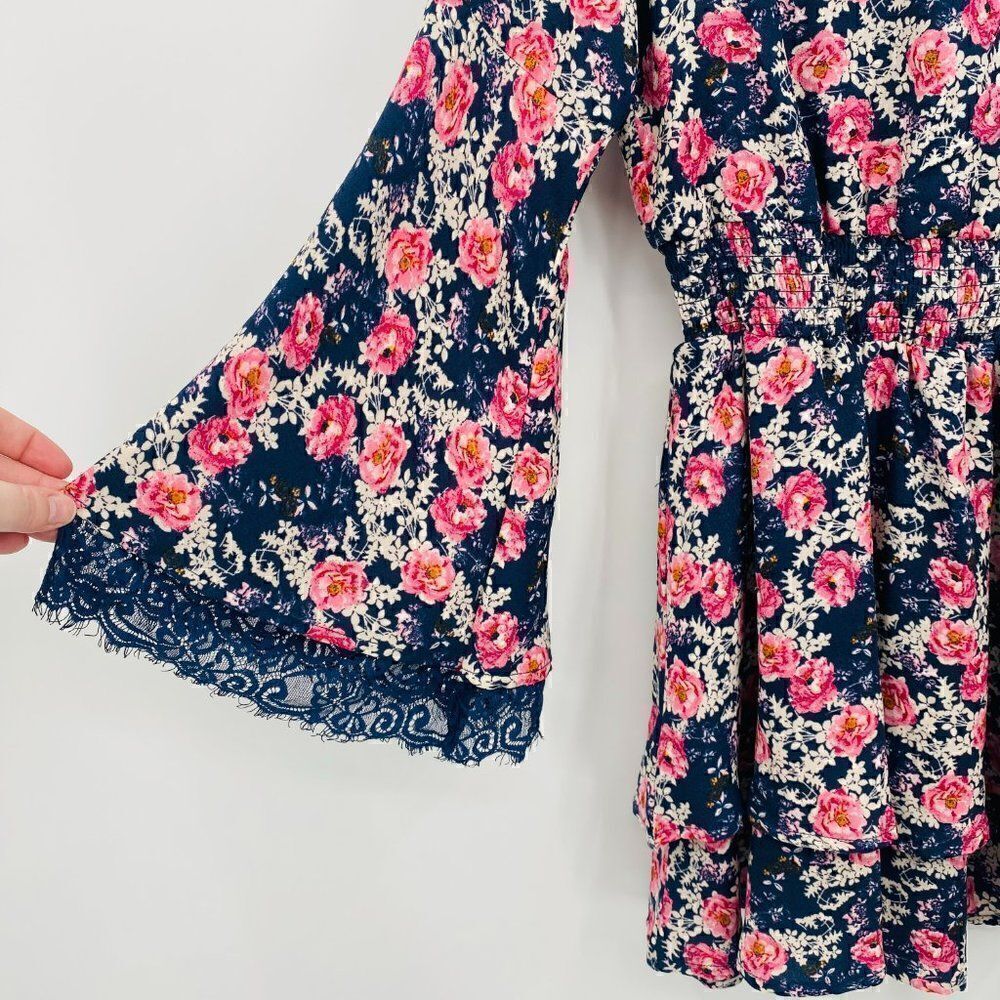 Altar'd State Size XS Navy Blue & Pink Floral Claudine Bell Sleeve Boho Dress - Picture 6 of 10